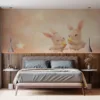 Two cute rabbits on fluffy clouds playing with stars in a dreamy sky.||