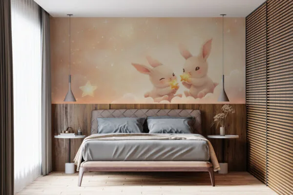 Two cute rabbits on fluffy clouds playing with stars in a dreamy sky.