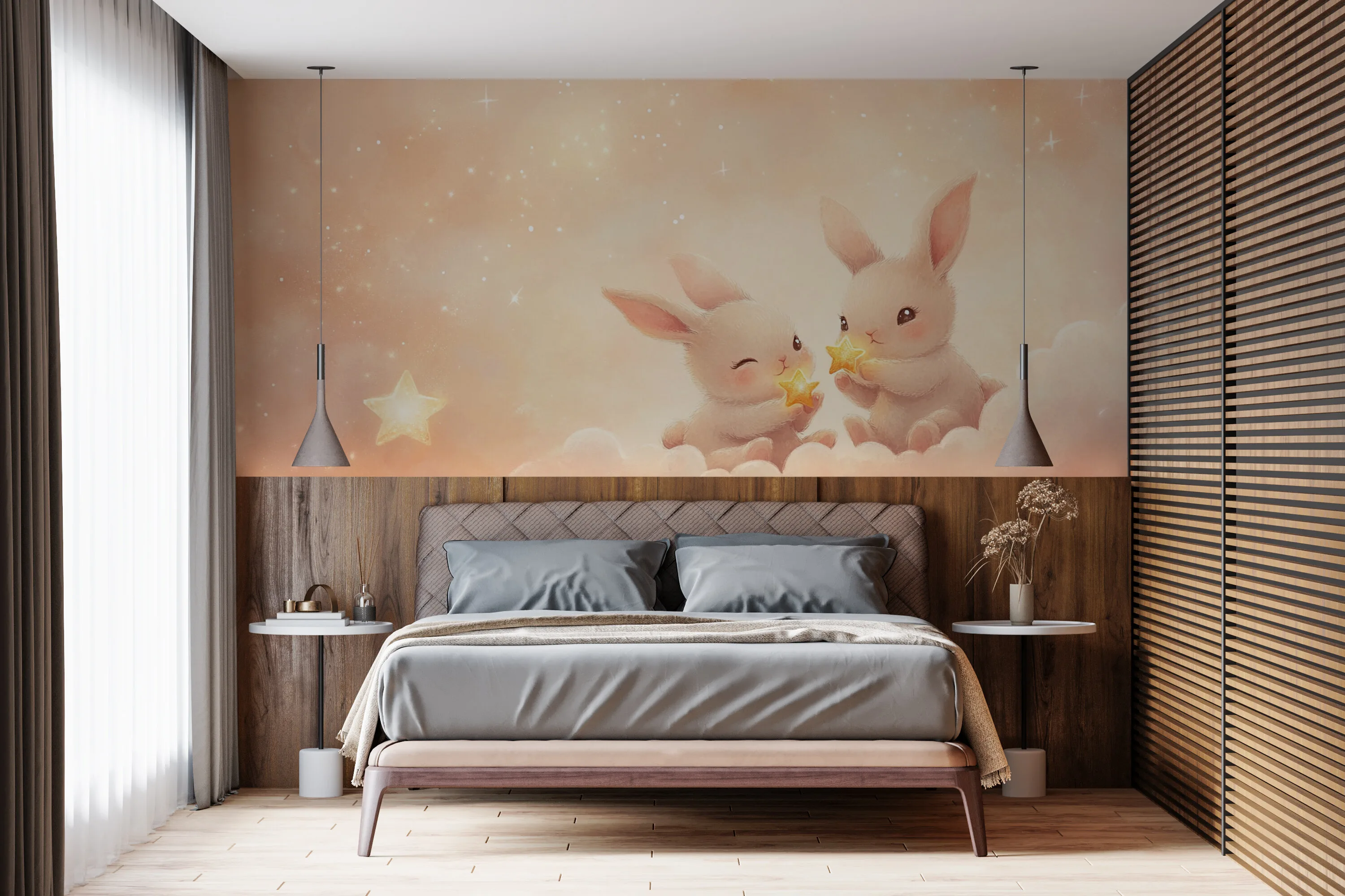 Rendered wallpaper image for Whimsical Rabbit Cloud Play Wall Mural