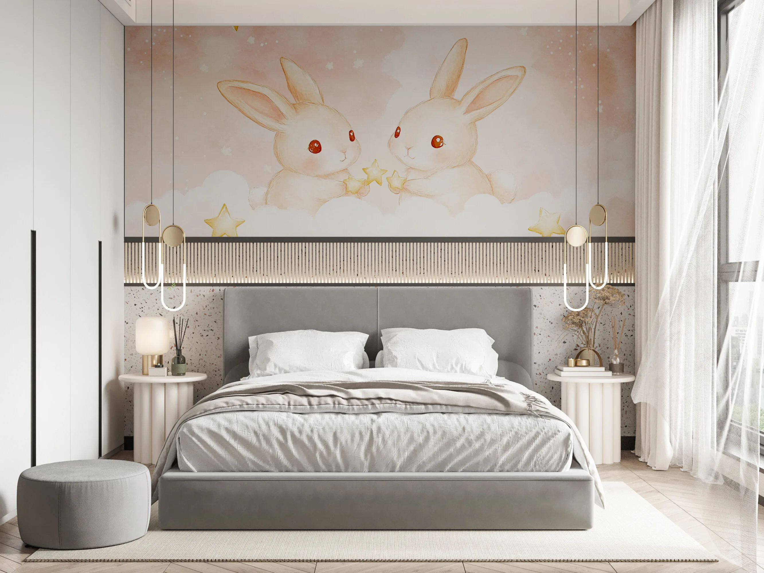 Rendered wallpaper image for Whimsical Rabbit Dreamers Wall Mural