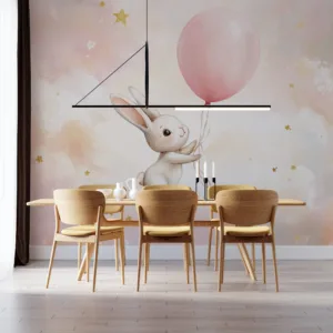 Cute illustrated rabbit with a pink balloon in a dreamy pastel background.||