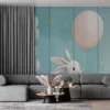 Cute cartoon rabbit holding a pink balloon in a dreamy sky with fluffy clouds and golden stars.||