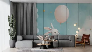 Cute cartoon rabbit holding a pink balloon in a dreamy sky with fluffy clouds and golden stars.||