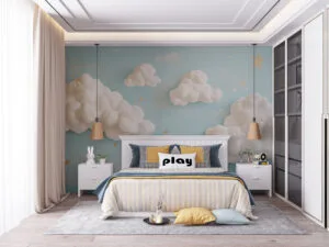 Whimsical sky art featuring fluffy clouds and golden stars on a light blue background.