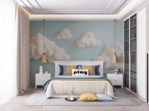 Whimsical sky art featuring fluffy clouds and golden stars on a light blue background.||
