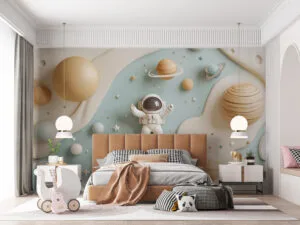 Whimsical space-themed artwork featuring a playful astronaut among colorful planets and stars.