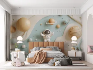 Whimsical space-themed artwork featuring a playful astronaut among colorful planets and stars.||