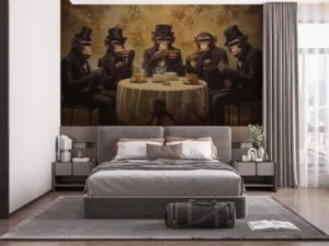 Five anthropomorphic monkeys in formal attire enjoying tea at a round table in a vintage setting.||
