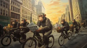 Alternative view of Sunset Cycling Monkeys in Urban Harmony Wall Mural