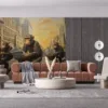 Whimsical urban scene with monkeys riding bicycles and reading newspapers.||