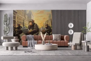 Whimsical urban scene with monkeys riding bicycles and reading newspapers.||