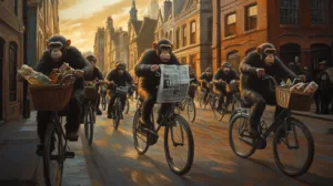 Alternative view of Whimsical Urban Monkeys on Bicycles Wall Mural