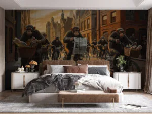 Anthropomorphic monkeys riding bicycles in a vintage urban setting.