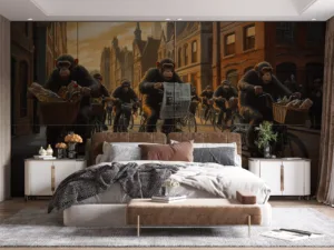 Anthropomorphic monkeys riding bicycles in a vintage urban setting.||