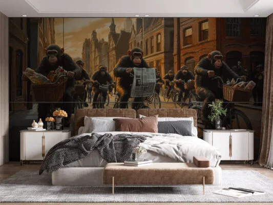 Anthropomorphic monkeys riding bicycles in a vintage urban setting.