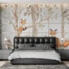 Illustration of foxes and birds in a tranquil woodland setting