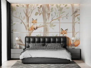 Illustration of foxes and birds in a tranquil woodland setting||