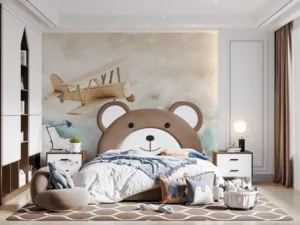 Wooden toy airplane flying through a fluffy cloud-filled sky||