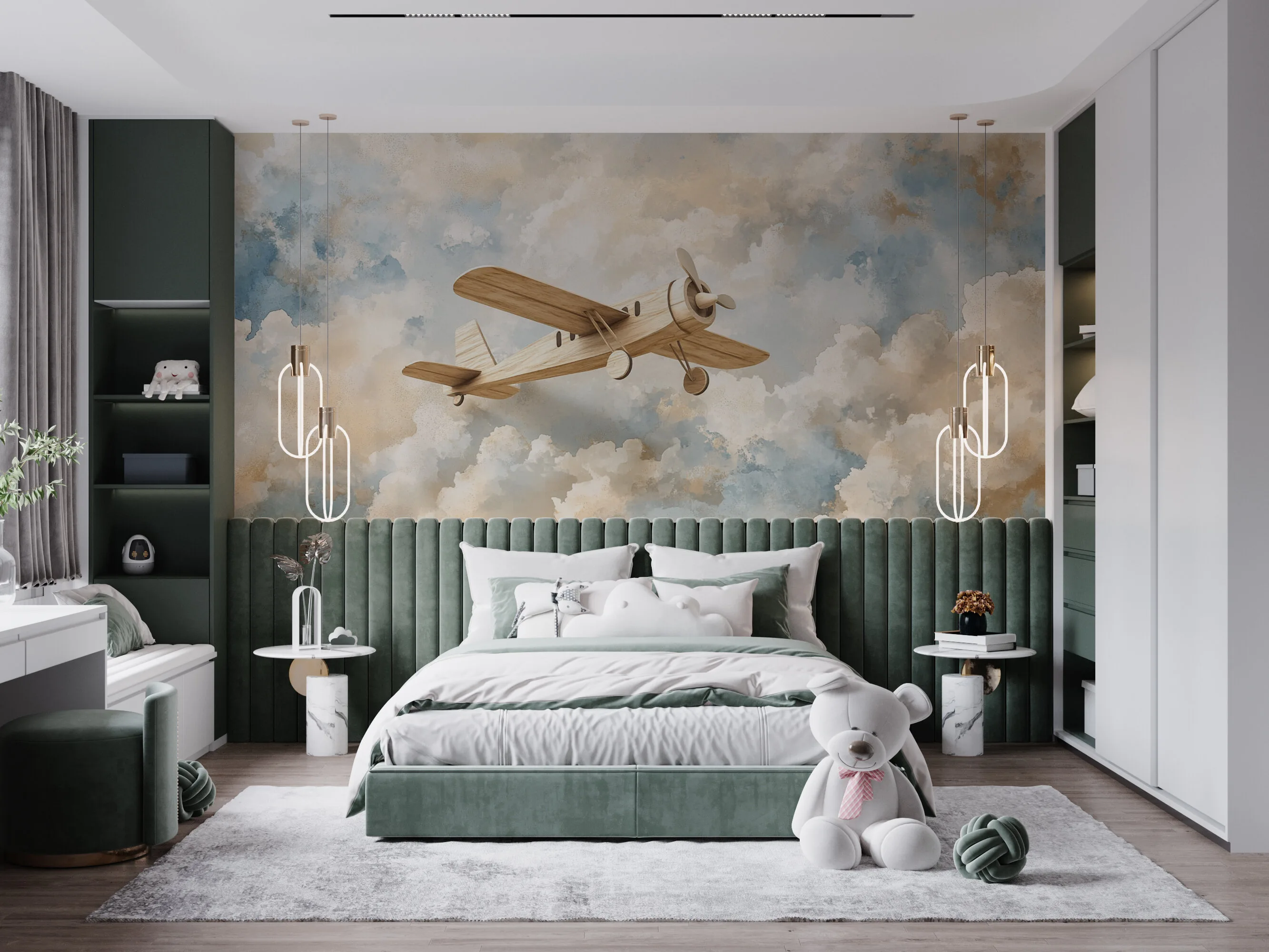 Rendered wallpaper image for Wooden Toy Airplane in the Clouds Wall Mural