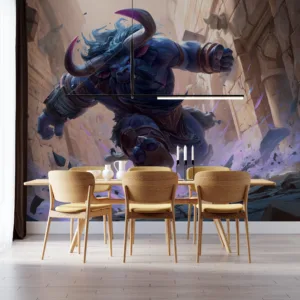 Alistar charging forward in a dynamic scene with blue skin and large horns||