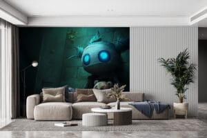 Amumu from League of Legends sitting alone with a teddy bear in a dimly lit setting.