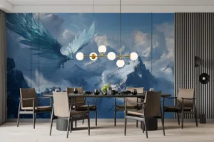 Anivia soaring above snow-capped mountains in a fantasy landscape||