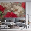 Vibrant floral pattern with red|pink|and cream flowers on a beige background