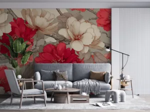Vibrant floral pattern with red|pink|and cream flowers on a beige background