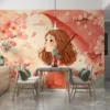 Young girl under pink umbrella amidst cherry blossoms||