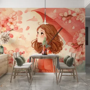 Young girl under pink umbrella amidst cherry blossoms||