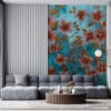 Vibrant floral mural featuring pink flowers and gold accents on a blue background.