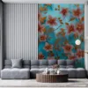 Vibrant floral mural featuring pink flowers and gold accents on a blue background.||