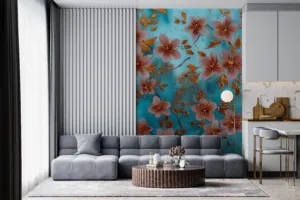 Vibrant floral mural featuring pink flowers and gold accents on a blue background.||