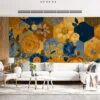 Floral geometric design featuring vibrant flowers and a bee.