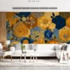 Floral geometric design featuring vibrant flowers and a bee.||