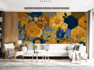 Floral geometric design featuring vibrant flowers and a bee.