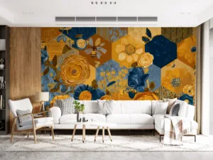 Floral geometric design featuring vibrant flowers and a bee.||