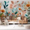 Vibrant abstract floral mural in shades of orange