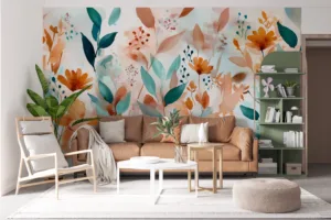 Vibrant abstract floral mural in shades of orange|teal|green