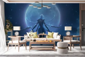 Aphelios|the celestial vanguard|stands poised beneath a luminous moon.