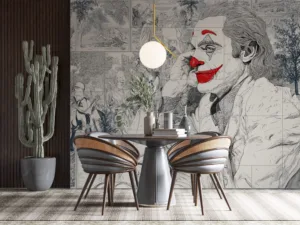 Artistic representation of a clown figure with red lips and classical illustrations in the background.||