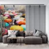 Vibrant street scene with colorful umbrellas||