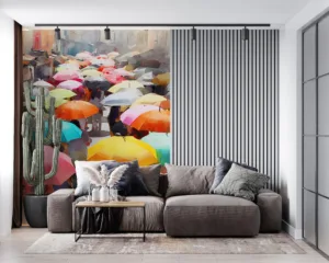 Vibrant street scene with colorful umbrellas||