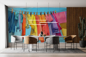 A colorful clothesline with various garments against a blue sky.