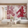 Deadpool in a dynamic pose surrounded by whimsical characters and intricate designs.||