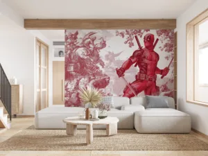Deadpool in a dynamic pose surrounded by whimsical characters and intricate designs.||