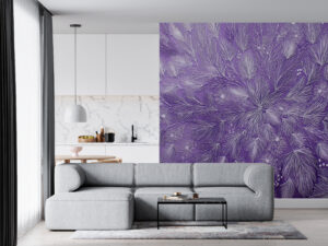 Intricate white floral patterns on a lavender background wallpaper mural