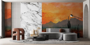 Watercolor landscape of a desert at twilight with cacti and mountains