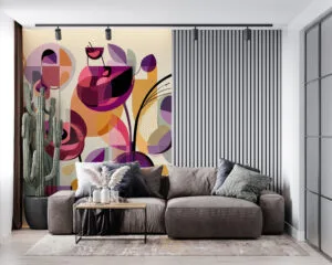 Abstract floral illustration with geometric shapes in vibrant colors.