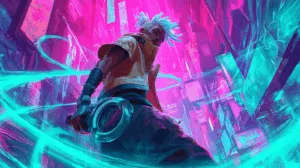 Alternative view of Ekko - A Journey Through the Cyberpunk World Wall Mural